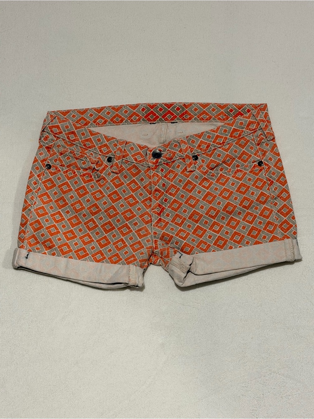 Lucky Brand Orange Diamond-Print Roll Cuff Jean Shorts